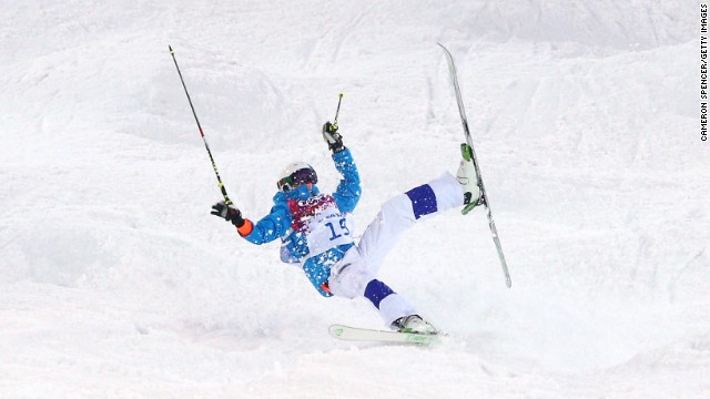 Ville Miettunen of Finland crashes out in the men's moguls.