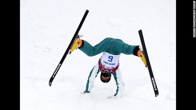 Australia's David Morris falls February 10 during a training session for the men's aerials competition.