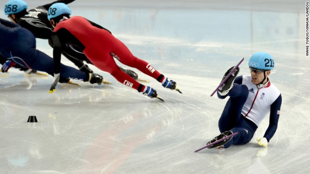 Jack Whelbourne of Great Britain falls during the men's 1,500-meter short track speedskating final on Monday, February 10