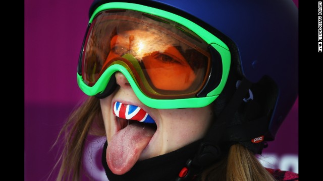 British skier Katie Summerhayes celebrates during slopestyle qualifying on February 11. 