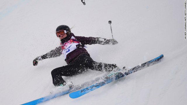 Austria's Philomena Bair falls during slopestyle qualification on February 11.