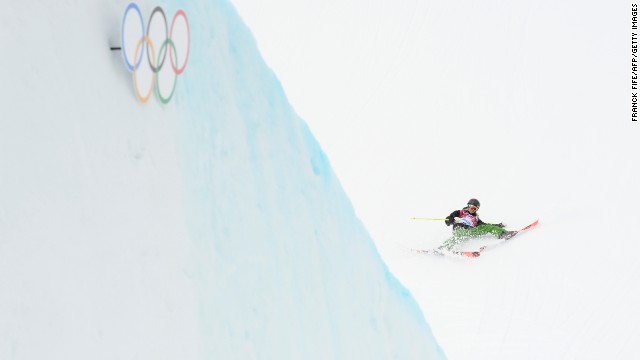 Italian skier Silvia Bertagna falls during slopestyle qualification on February 11.