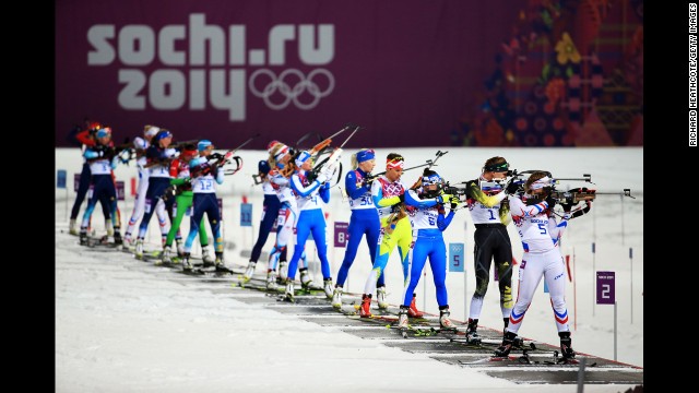 Biathletes compete in the women's 10-kilometer pursuit on February 11.