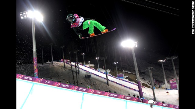 Snowboarder Seamus O'Connor of Ireland competes in the men's halfpipe semifinal on February 11.