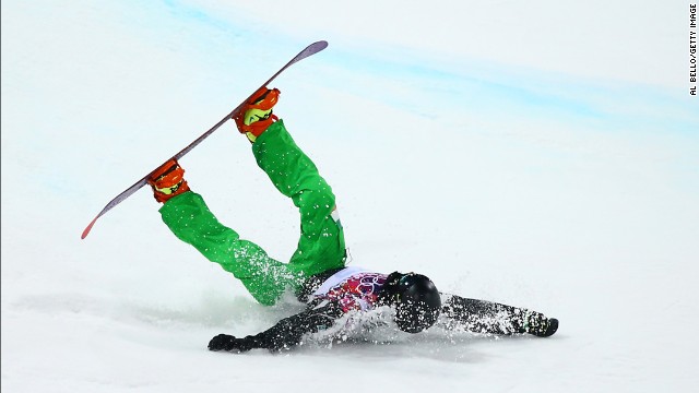 Snowboarder Seamus O'Connor of Ireland crashes during the men's halfpipe competition on February 11.