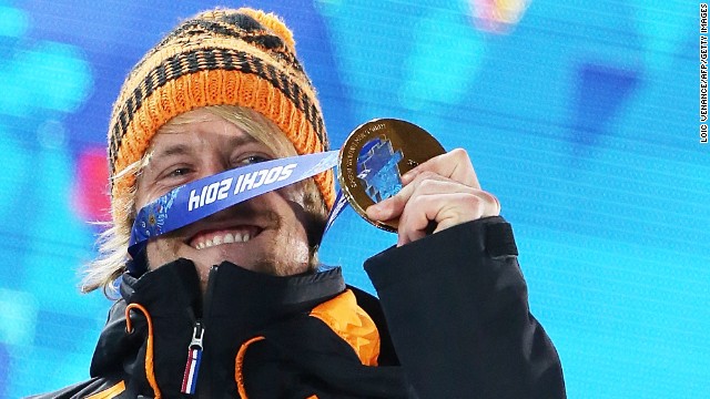 Michel Mulder of the Netherlands poses with his gold medal after winning the 500-meter speedskating event on February 11.