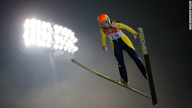 Eva Logar of Slovenia competes in the women's normal hill ski jumping event on February 11.