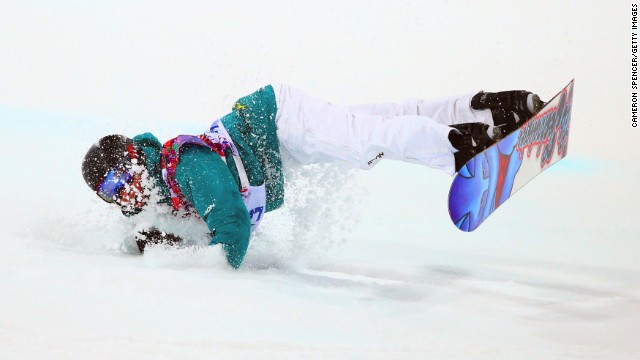 Snowboarder Kent Callister of Australia crashes out in the men's halfpipe finals on Tuesday, February 11.
