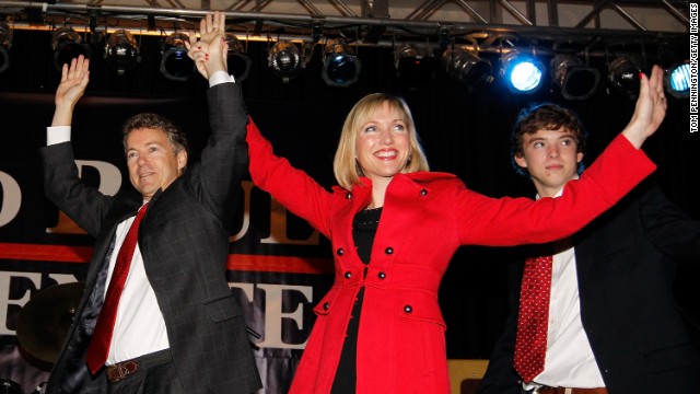 Rand Paul, his wife, Kelley, and son wave to supporters during an election night party in November 2010, in Bowling Green, Kentucky, celebrating his Senate victory.