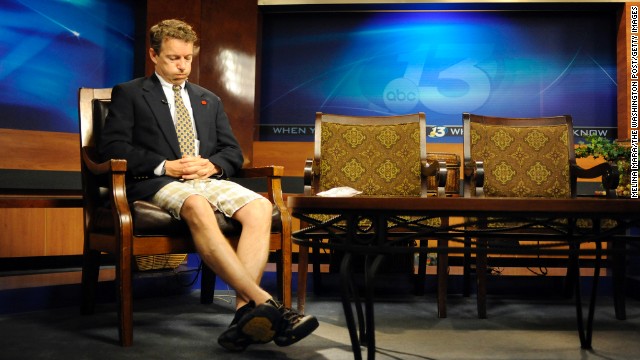 In shorts and a suit jacket fresh from his son's soccer game, Rand Paul waits to be a guest on a Fox News program in May 2010 in Bowling Green, Kentucky. 