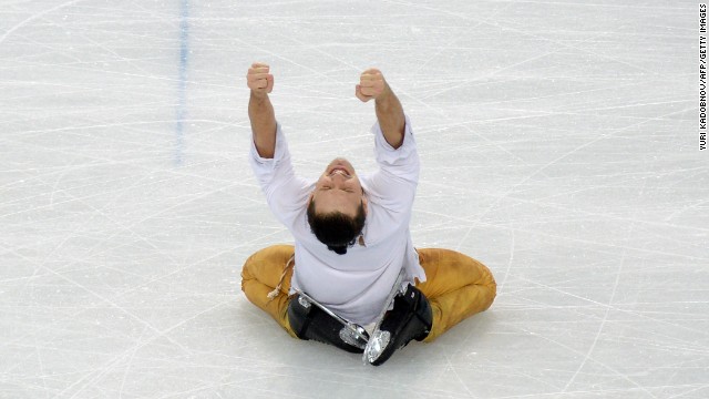 Russia's Maxim Trankov reacts after performing with Tatiana Volosozhar in pairs figure skating on February 12.