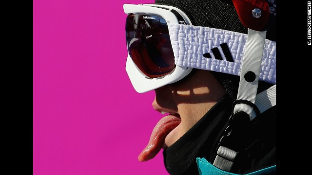 Russell Henshaw of Australia sticks out his tongue during the men's slopestyle.