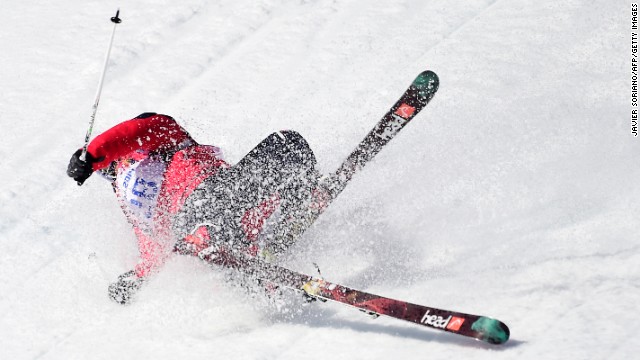 Norway's Per Kristian Hunder crashes in the men's slopestyle.