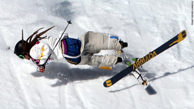 Skier Henrik Harlaut of Sweden falls during the men's slopestyle competition on February 13.
