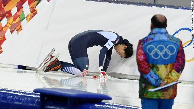 South Korean speedskater Lee Bo-Ra falls during the women's 1,000 meters on February 13.