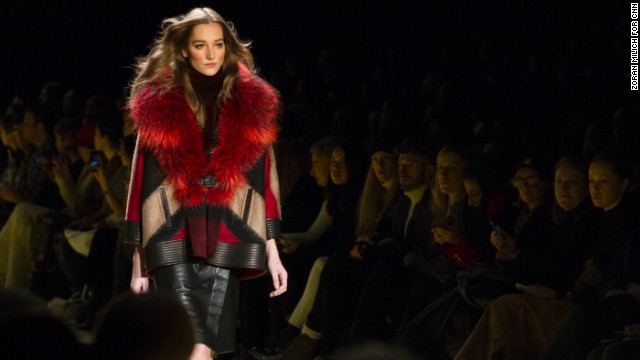 J. Mendel used a boldly-dyed fur to accent a piece of color-blocked outerwear.