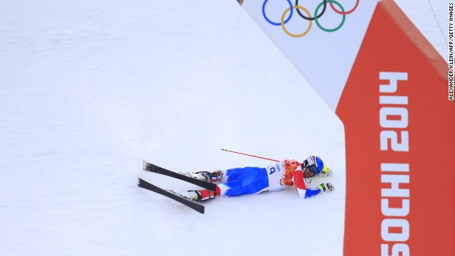 French skier Alexis Pinturault crashes out during the men's super-combined event on February 14.