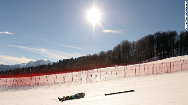 Yuri Danilochkin of Belarus crashed during the downhill portion of the men's super-combined event February 14.