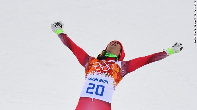 Swiss skier Sandro Viletta celebrates after winning a gold medal in the men's super-combined event on February 14. 