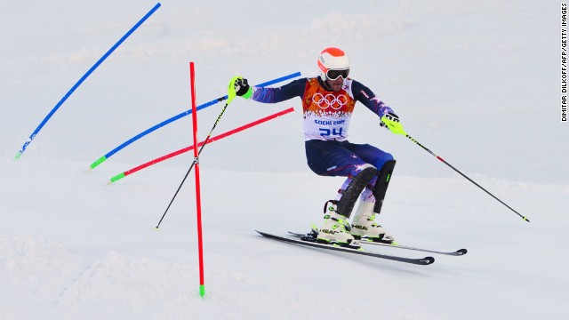 U.S. skier Bode Miller competes in the slalom portion of the men's super-combined on February 14.