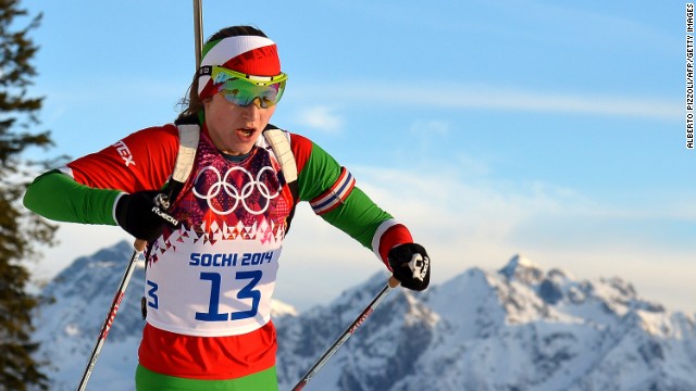 Belarus' Darya Domracheva competes in the women's 15-kilometer biathlon on February 14.