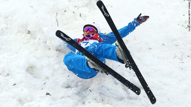 Hanna Huskova of Belarus crashes out in women's aerials.