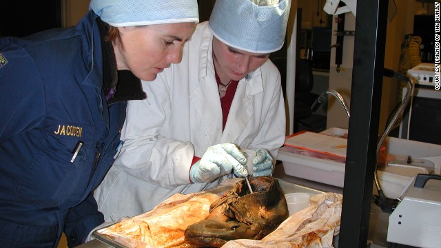 Experts examine a shoe found on the H.L. Hunley.