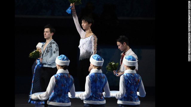 Yuzuru Hanyu of Japan celebrates after winning the gold medal in men's figure skating on February 14.