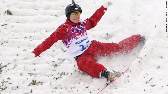 Assoli Slivets of Belarus crashes in the women's aerials on February 14.