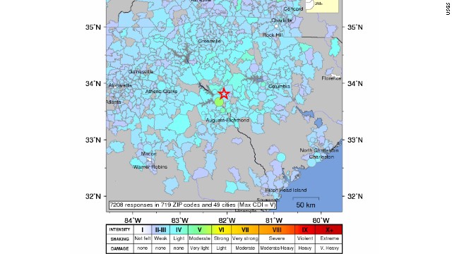 This USGS community internet intensity map shows how many people reported feeling the earthquake. 