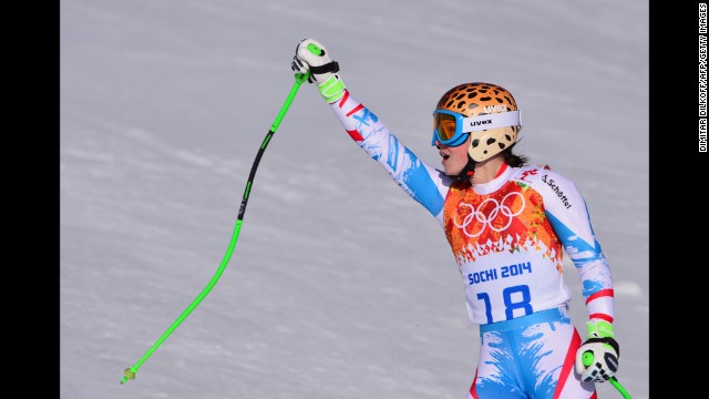 Austrian skier Anna Fenninger reacts after her run in the super-G on February 15.