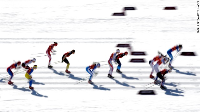 Skiers start the women's cross-country relay on February 15. 