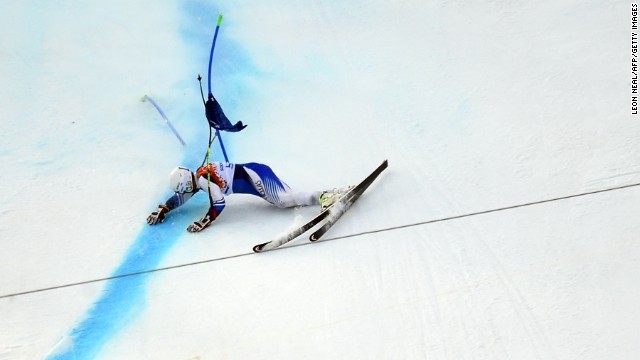 Danish skier Christoffer Faarup crashes during the men's super-G on February 16.