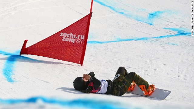 Yuka Fujimori of Japan falls during the women's snowboard cross on February 16.