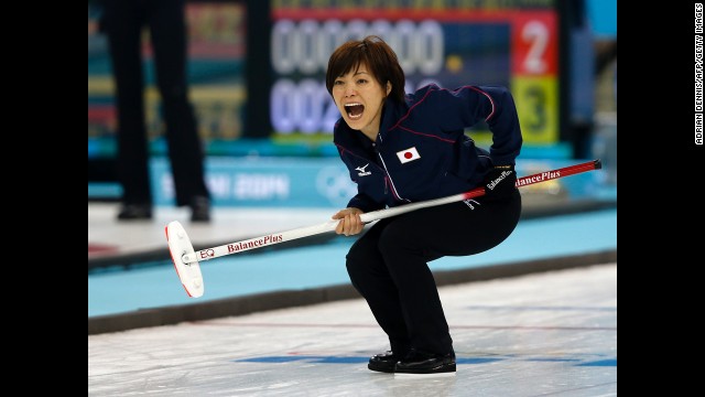 Japan skip Ayumi Ogasawara reacts to a throw during the women's curling match against Switzerland on February 16.