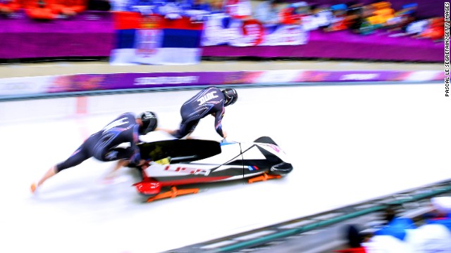 Americans Steven Holcomb and Steven Langton compete in the two-man bobsledding event on February 16.