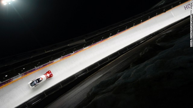 Switzerland's Rico Peter and Juerg Egger race in the bobsled event February 16. 