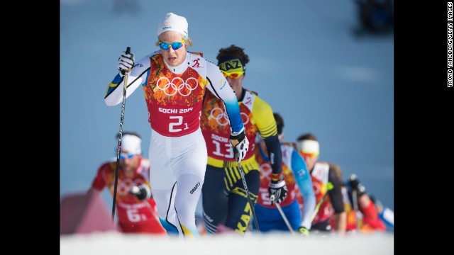 Lars Nelson of Sweden leads the way to gold in the men's cross-country relay February 16. 