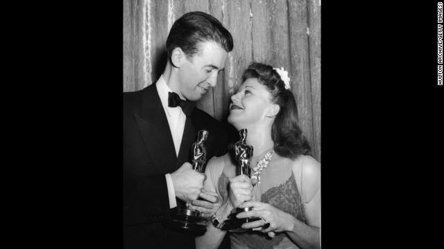 Actors James Stewart and Ginger Rogers smile after winning Oscars in 1941. Stewart won best actor for his performance in "The Philadelphia Story," while Rogers won best actress for her performance in "Kitty Foyle: The Natural History of a Woman."