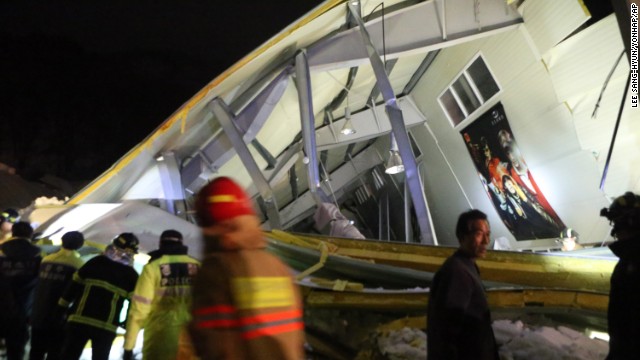 Rescue workers search for survivors after a building collapsed in Gyeongju, South Korea, on Monday, February 17.