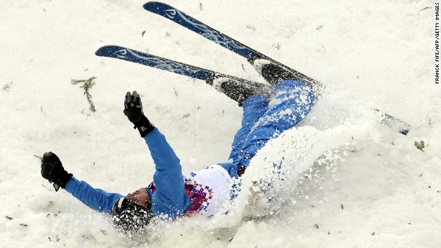 Denis Osipau of Belarus crashes during men's aerials.