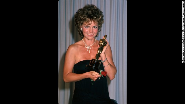 Sally Field holds the best actress Oscar in the press room at the Academy Awards. She won the award, her second, for her role in "Places in the Heart."