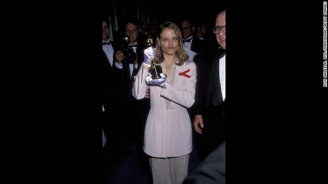 Jodie Foster holds up her second Oscar, this one for her role in "The Silence of the Lambs."