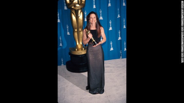 Holly Hunter poses in the press room after being awarded the best actress Oscar for her performance in "The Piano."