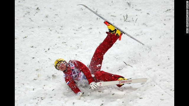 Pavel Krotov of Russia crashes out in men's aerials.