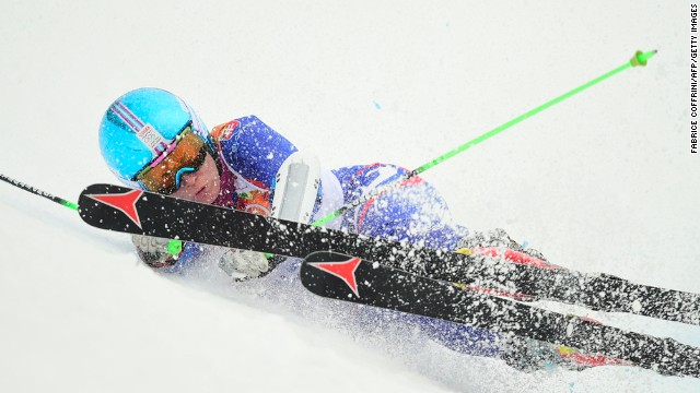 Slovakia's Kristina Saalova falls during a run in the women's giant slalom on February 18.