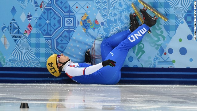 Czech short track speedskater Katerina Novotna falls as she competes in the 1,000 meters on February 18.