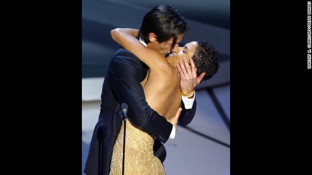 Adrien Brody appeared so thrilled when he won best actor award for "The Pianist" he even got Oscar presenter Halle Berry caught up in the moment with a passionate kiss at the 2003 ceremony. "I bet they didn't tell you that was in the gift bag," he joked when he finished. It was his first nomination and win. 