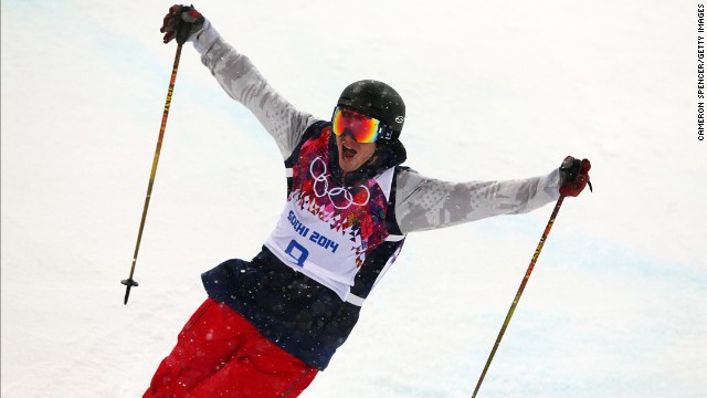 David Wise, an American freestyle skier, celebrates after his first run in the men's halfpipe finals on Tuesday, February 18. 