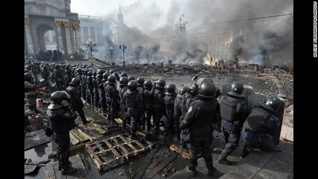 Riot police line up in Kiev on February 19.